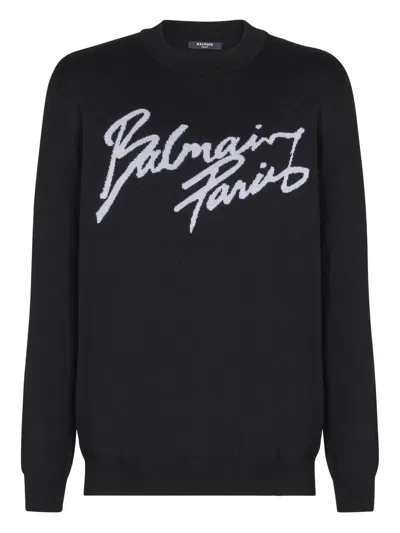 Balmain Paris Logo Intarsia Merino Wool Blend Sweater In Black