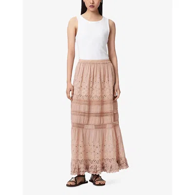 Allsaints Womens Plaster Pink Camille Embroidered Woven Maxi Skirt In Brown