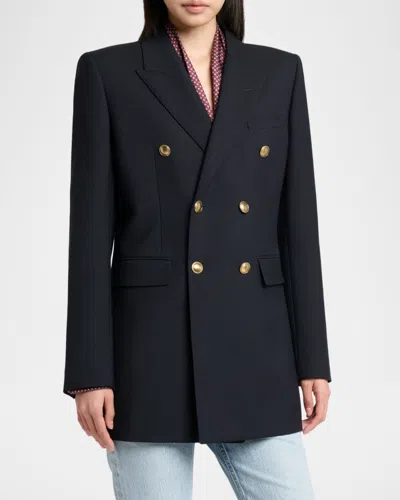 Saint Laurent Double-breasted Virgin Wool Gabardine Jacket In Navy In Black
