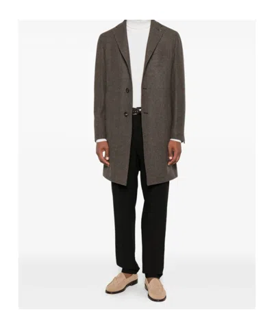 Tagliatore Herringbone-pattern Single-breasted Coat In Brown