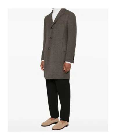 Tagliatore Herringbone-pattern Single-breasted Coat In Brown
