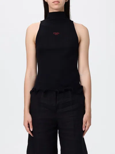 Fendi High Neck Fitted Sleeveless Top With Ruffles Clothing In Black