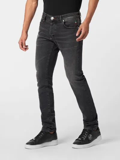 Philipp Plein Denim Trousers Super Straight Cut Basic In Black