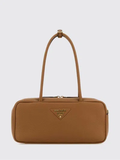 Prada Leather Shoulder Bag Double Handles Rectangular In Brown