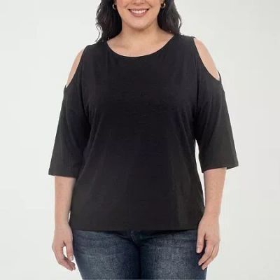 White Mark Plus Size Casual Cold Shoulder Pullover Top In Black