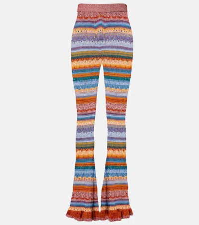 Etro Flared Knit Cotton Trousers With Stripes And Openwork In Multi