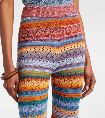 Etro Flared Knit Cotton Trousers With Stripes And Openwork In Multi