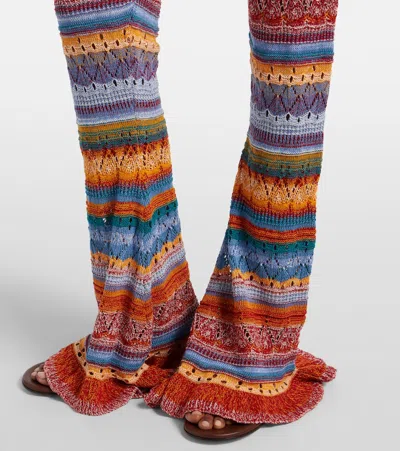 Etro Flared Knit Cotton Trousers With Stripes And Openwork In Multi