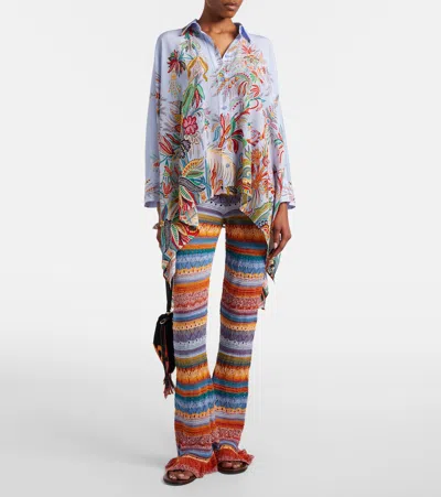 Etro Flared Knit Cotton Trousers With Stripes And Openwork In Multi