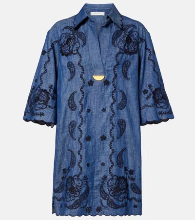 Zimmermann Aster Broderie Anglaise-trimmed Cotton-denim Mini Dress In Blue