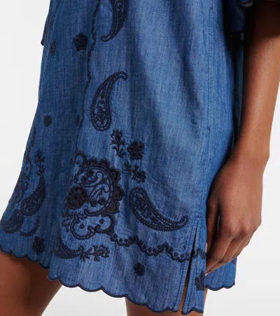 Zimmermann Aster Broderie Anglaise-trimmed Cotton-denim Mini Dress In Blue