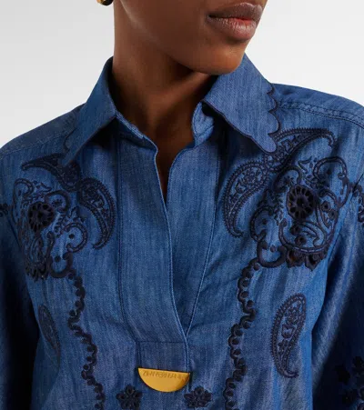 Zimmermann Aster Broderie Anglaise-trimmed Cotton-denim Mini Dress In Blue