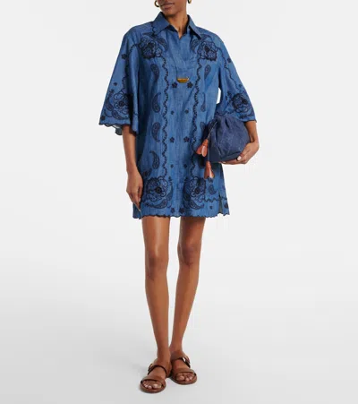 Zimmermann Aster Broderie Anglaise-trimmed Cotton-denim Mini Dress In Blue