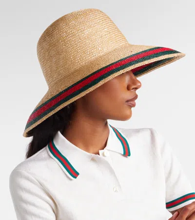 Gucci Web-stripe Woven Straw-effect Hat In Neutral