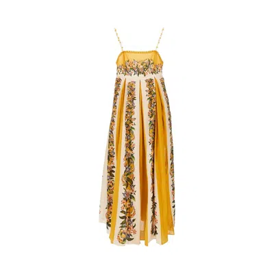 Farm Rio Sand Hilo Striped Floral-print Maxi Dress In Yellow