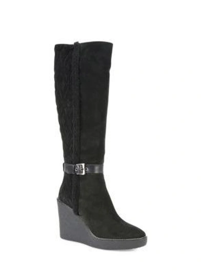 Shop Aquatalia Viviana Suede & Faux Fur Wedge Boots In Black