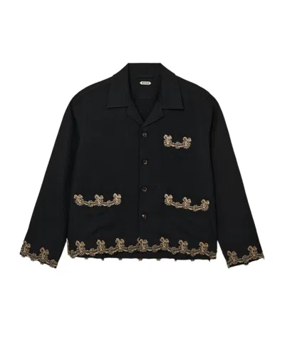 Bode Embroidered-pocket Wool Overshirt In Black