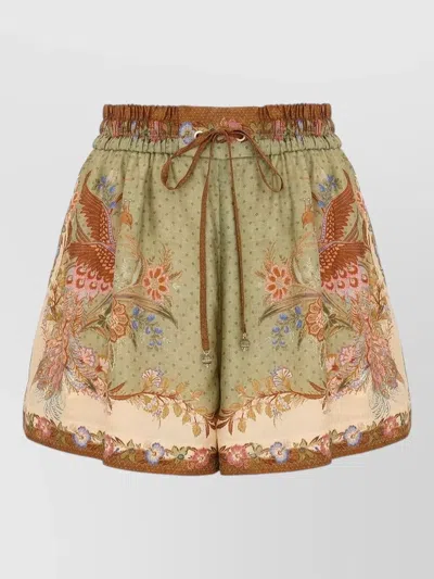 Zimmermann Indra Relaxed Silk Shorts Khaki Scarf Floral In Multi