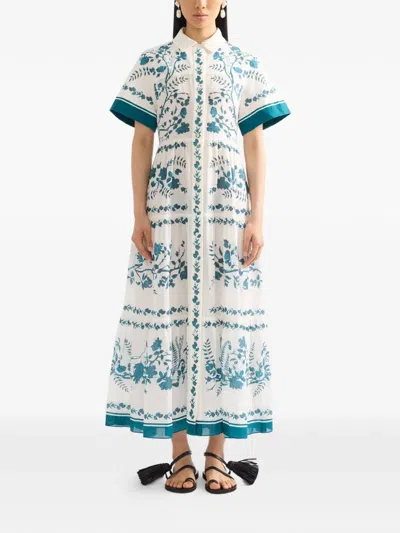 Erdem Womens Wild Fern Bot Dream Blue Botanical-print Tiered Cotton And Linen-blend Midi Shirt Dress In White