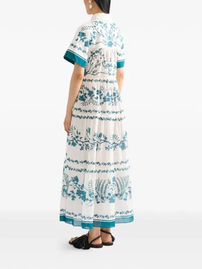 Erdem Womens Wild Fern Bot Dream Blue Botanical-print Tiered Cotton And Linen-blend Midi Shirt Dress In White