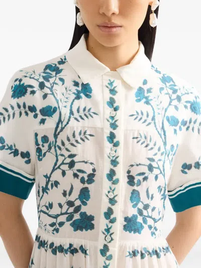 Erdem Womens Wild Fern Bot Dream Blue Botanical-print Tiered Cotton And Linen-blend Midi Shirt Dress In White