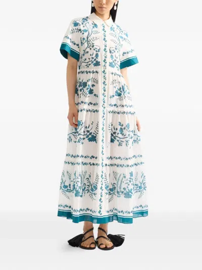 Erdem Womens Wild Fern Bot Dream Blue Botanical-print Tiered Cotton And Linen-blend Midi Shirt Dress In White
