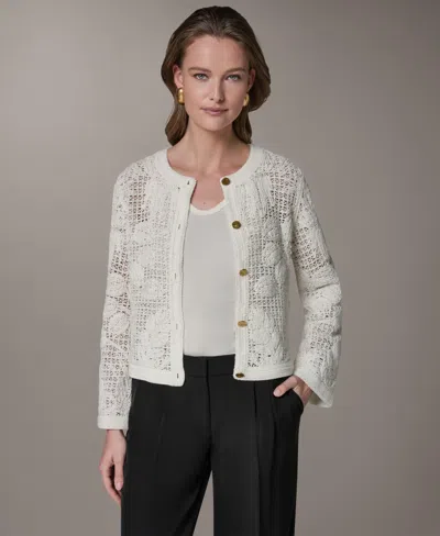 Donna Karan Crochet Button Front Jacket In White