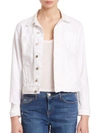 L'agence Janelle Slim Cropped Jean Jacket With Raw Hem In Blanc Distressed