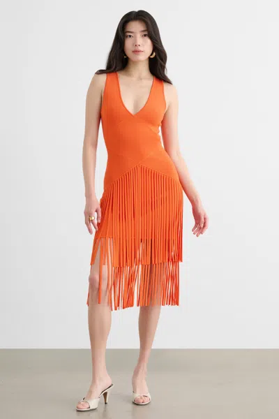 Toccin Patricia V-neck Seamed Midi Dress With Fringe In Orange