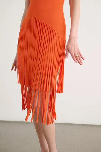 Toccin Patricia V-neck Seamed Midi Dress With Fringe In Orange