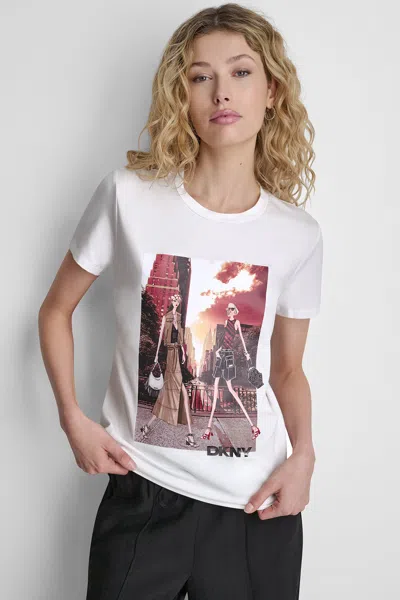 Dkny Manhattan Henge Conversation Cotton Blend Graphic T-shirt In White
