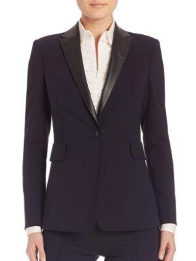 Shop Akris Punto Leather Detail Blazer In Navy