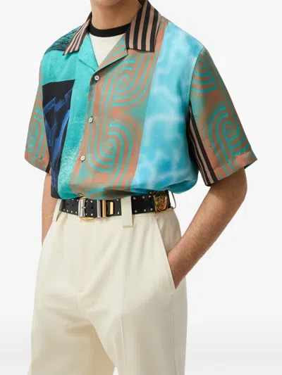 Versace Camicia A Maniche Corte In Seta Multicolor  In Brown