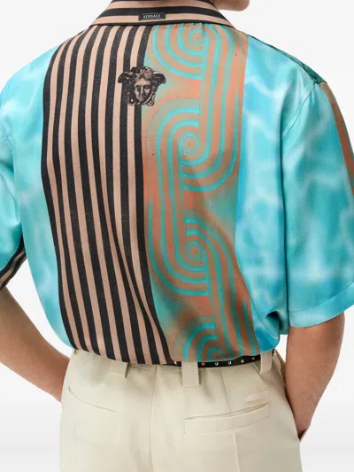 Versace Camicia A Maniche Corte In Seta Multicolor  In Brown