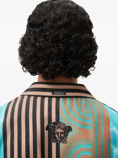 Versace Camicia A Maniche Corte In Seta Multicolor  In Brown