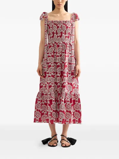 Erdem Floral Embroidered Tiered Cotton Blend Midi Sundress In Red