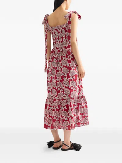 Erdem Floral Embroidered Tiered Cotton Blend Midi Sundress In Red