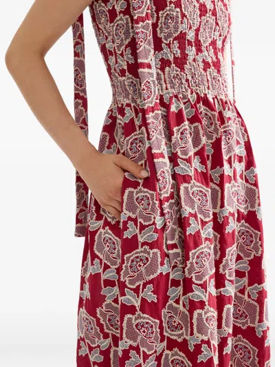 Erdem Floral Embroidered Tiered Cotton Blend Midi Sundress In Red