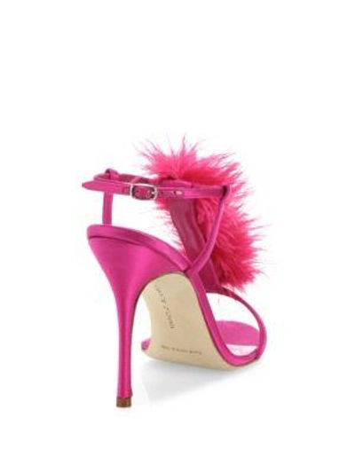 Shop Manolo Blahnik Eila Feather-trimmed Satin T-strap Sandals In Blush