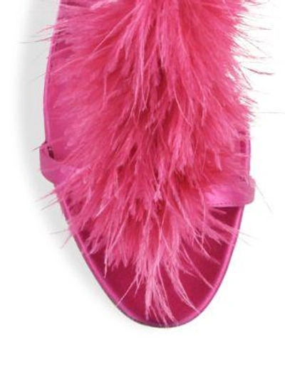 Shop Manolo Blahnik Eila Feather-trimmed Satin T-strap Sandals In Blush