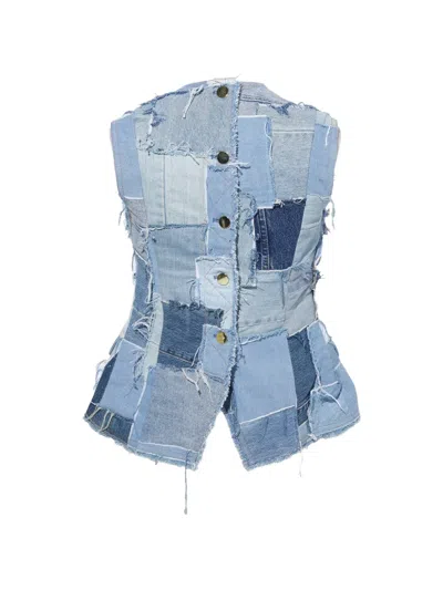Meryll Rogge Patchwork Frayed-edge Top In Blue