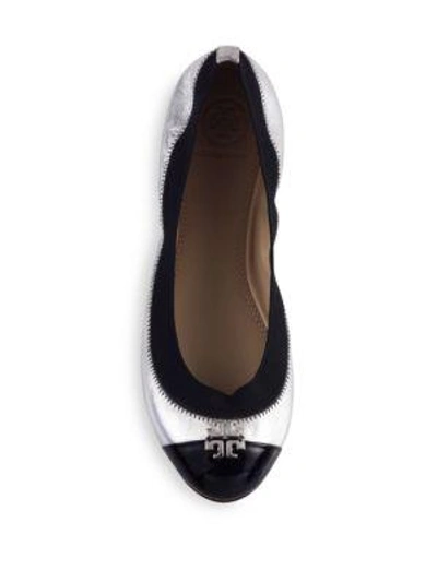 Shop Tory Burch Jolie Metallic Leather Ballet Flats In Silver-black