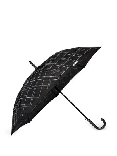Hugo Boss Check-pattern Curved-handle Umbrella In Black