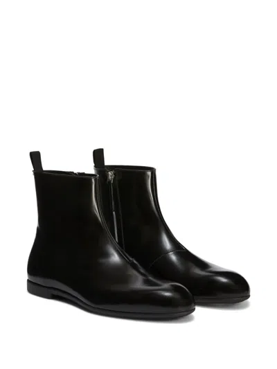 Jil Sander Leather Ankle Boots Flat Sole Pull Tab In Black