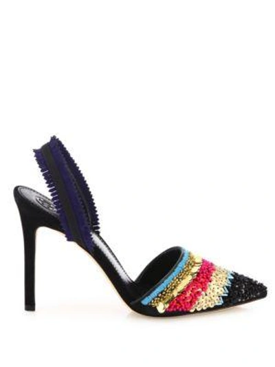 Shop Tory Burch Isle Embellished Slingback Pumps In Black-multi