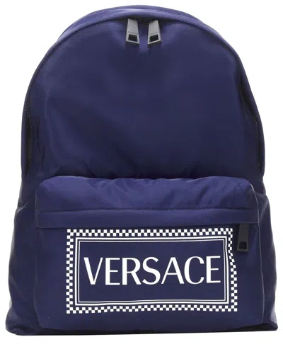 Versace Box Logo Nylon Greca Strap Backpack In Blue