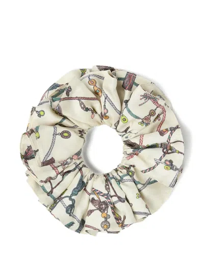 Versace Printed Silk Twill Scrunchie In Gold
