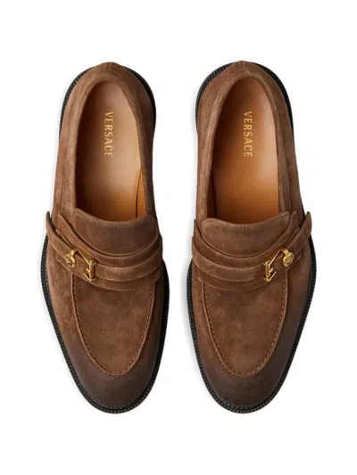 Versace Loafers With Gold Buckle In Brown