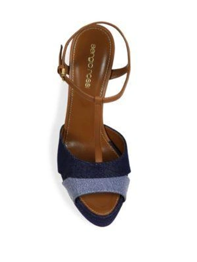 Shop Sergio Rossi Edwige Denim & Leather Platform T-strap Sandals