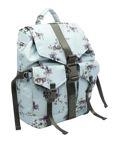 Ganni Re-tech Nylon Backpack With Floral Pattern In Blue